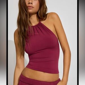 NWT Garage Shirred Low Back Halter Top Crop Top Wine Red Burgundy Maroon